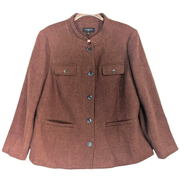 Talbots Plus Band Collar Tweed Blazer Wool Blend Rust Brown Pockets Size 14W - Picture 1 of 7